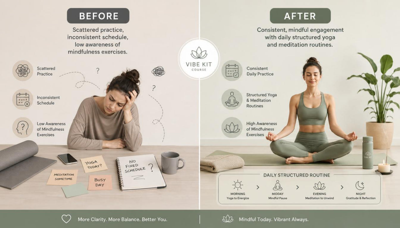 Before and after comparison of a person's mindfulness practice with Vibe Kit products.