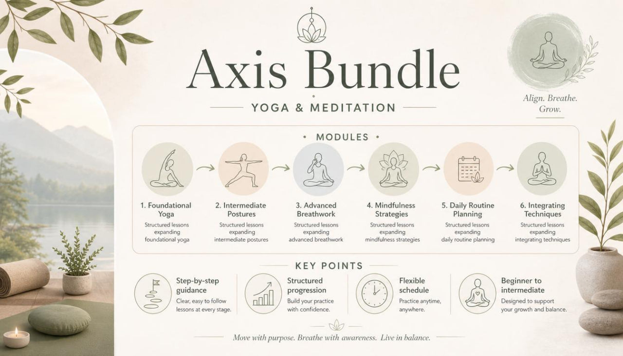 Axis Bundle yoga and meditation program with modules and key points on a white background.