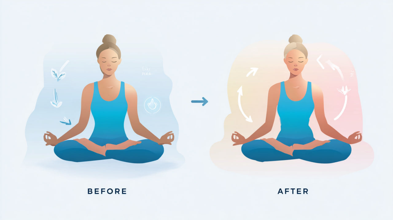 Illustration of a woman meditating with 'Before' and 'After' effects depicted.
