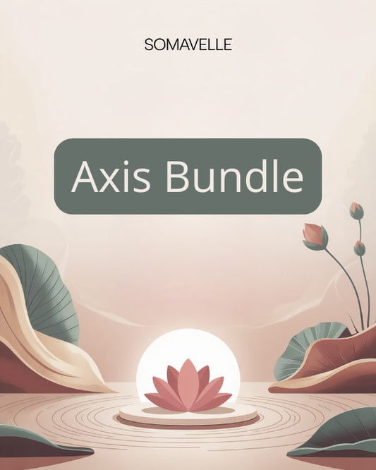 Cover of 'Axis Bundle' by Somavelle with a pink lotus flower and natural elements on a beige background.