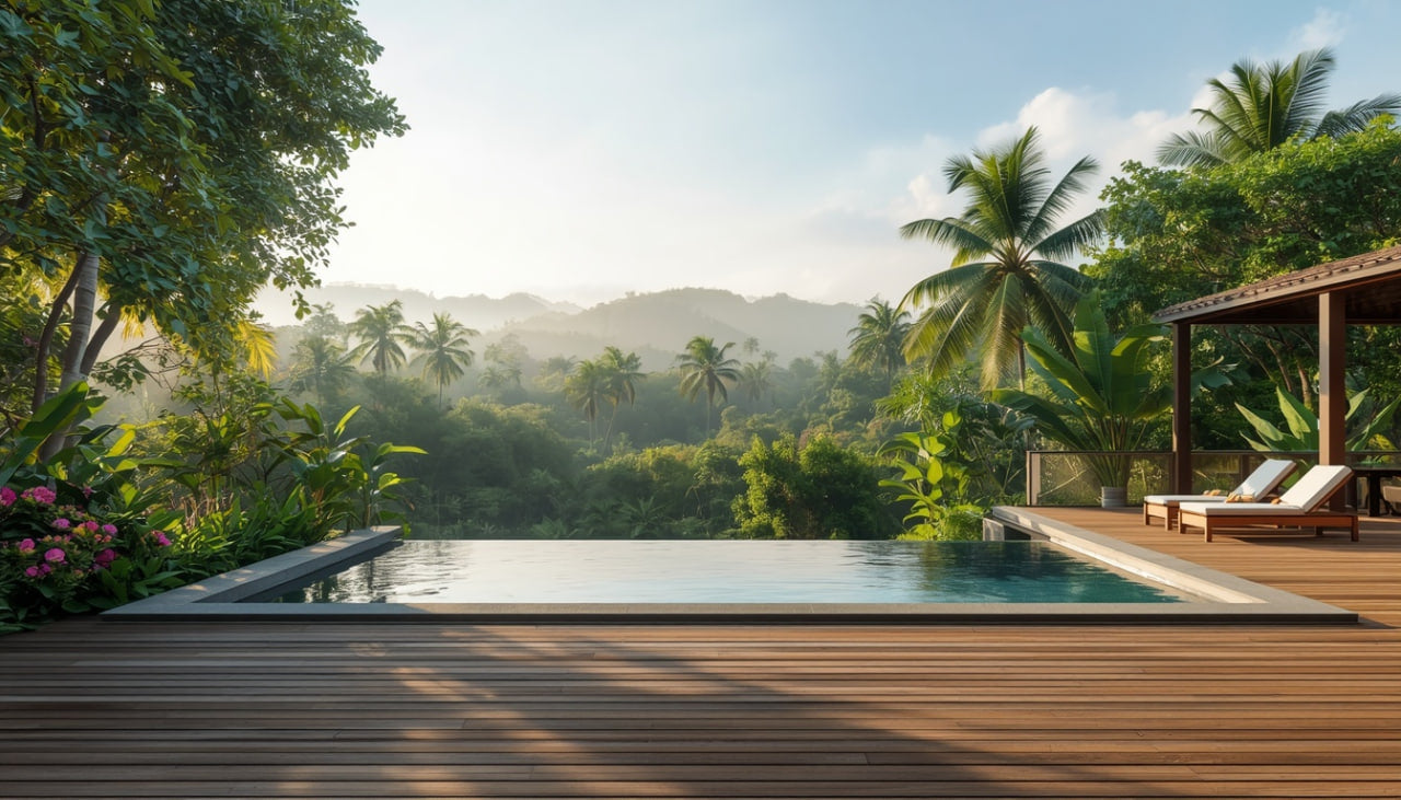 Outdoor pool area with wooden deck, lounge chairs, and lush greenery