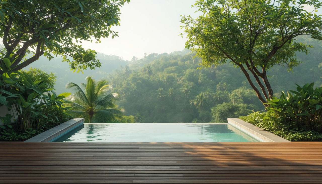 Infinity pool with a view of lush green trees and mountains