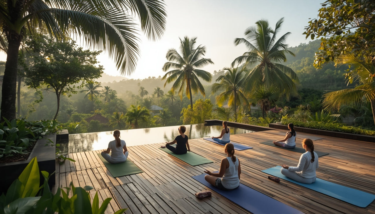 Group of people practicing yoga on a wooden deck with a tropical landscape in the background