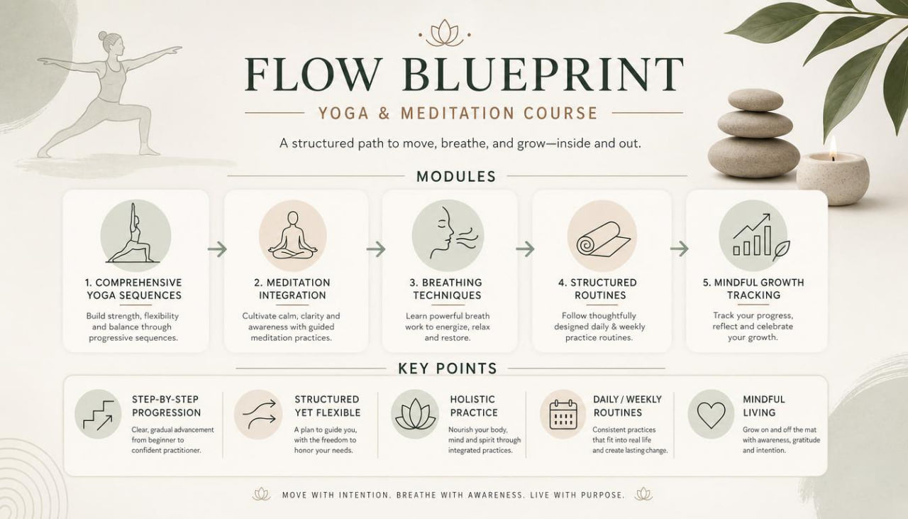 Flow Blueprint Yoga & Meditation Course flyer with modules and key points on a white background.