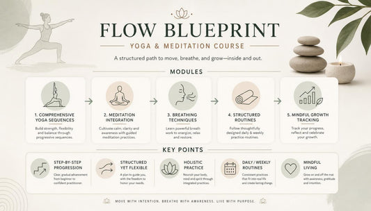 Flow Blueprint Yoga & Meditation Course flyer with modules and key points on a white background.
