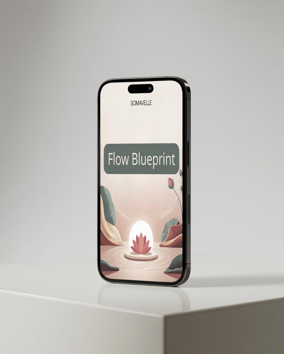 Phone displaying 'Flow Blueprint' on a white surface with a gray background