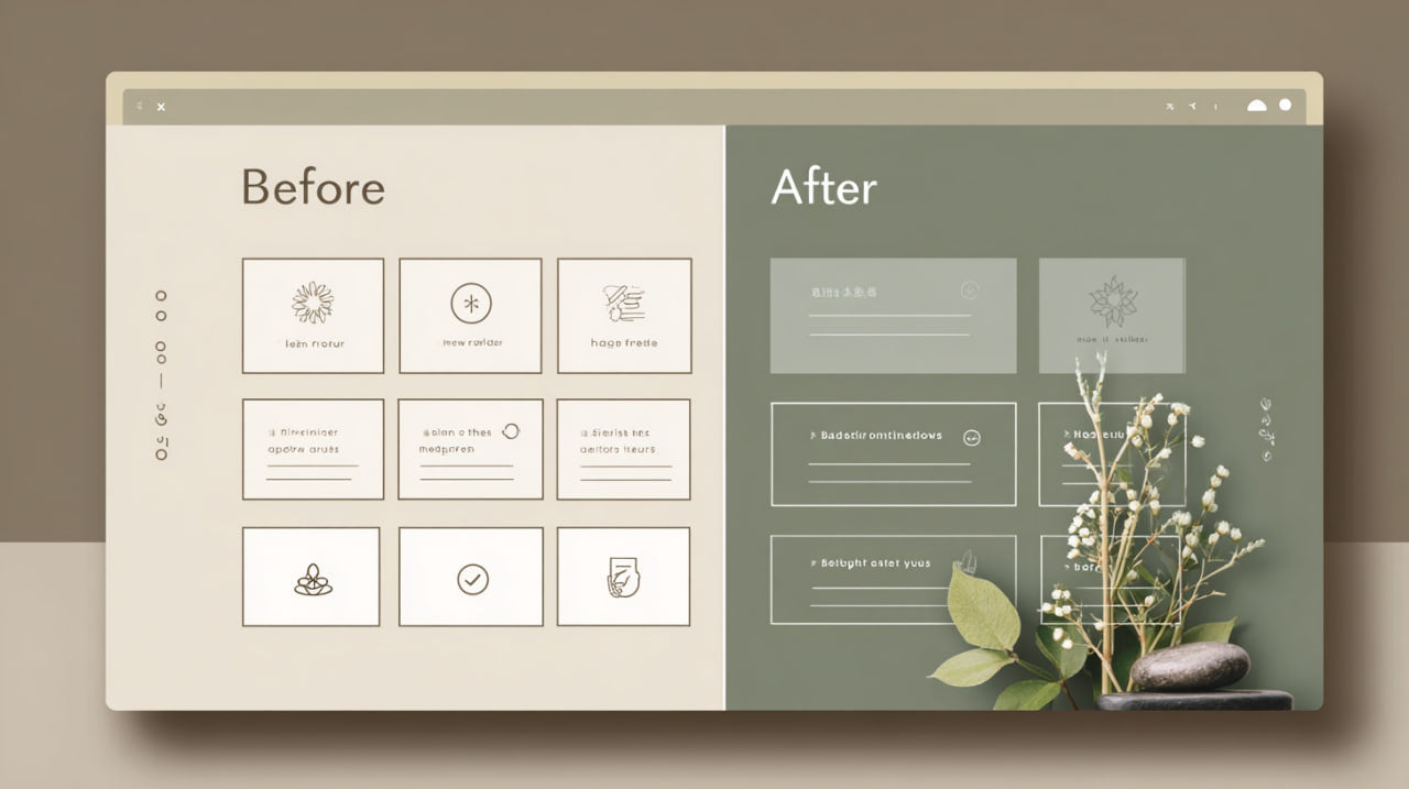 Before and after comparison of a website design layout on a computer screen.