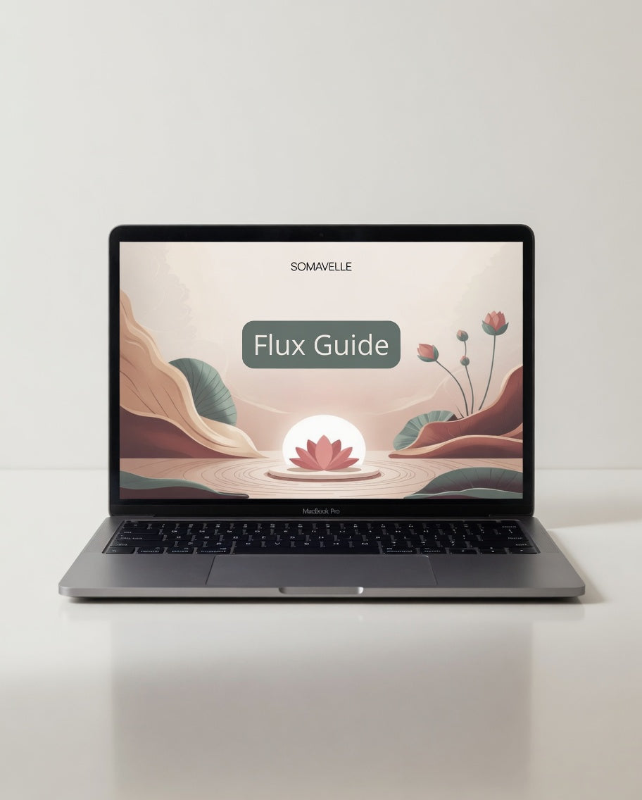 Laptop displaying a 'Flux Guide' on a white background