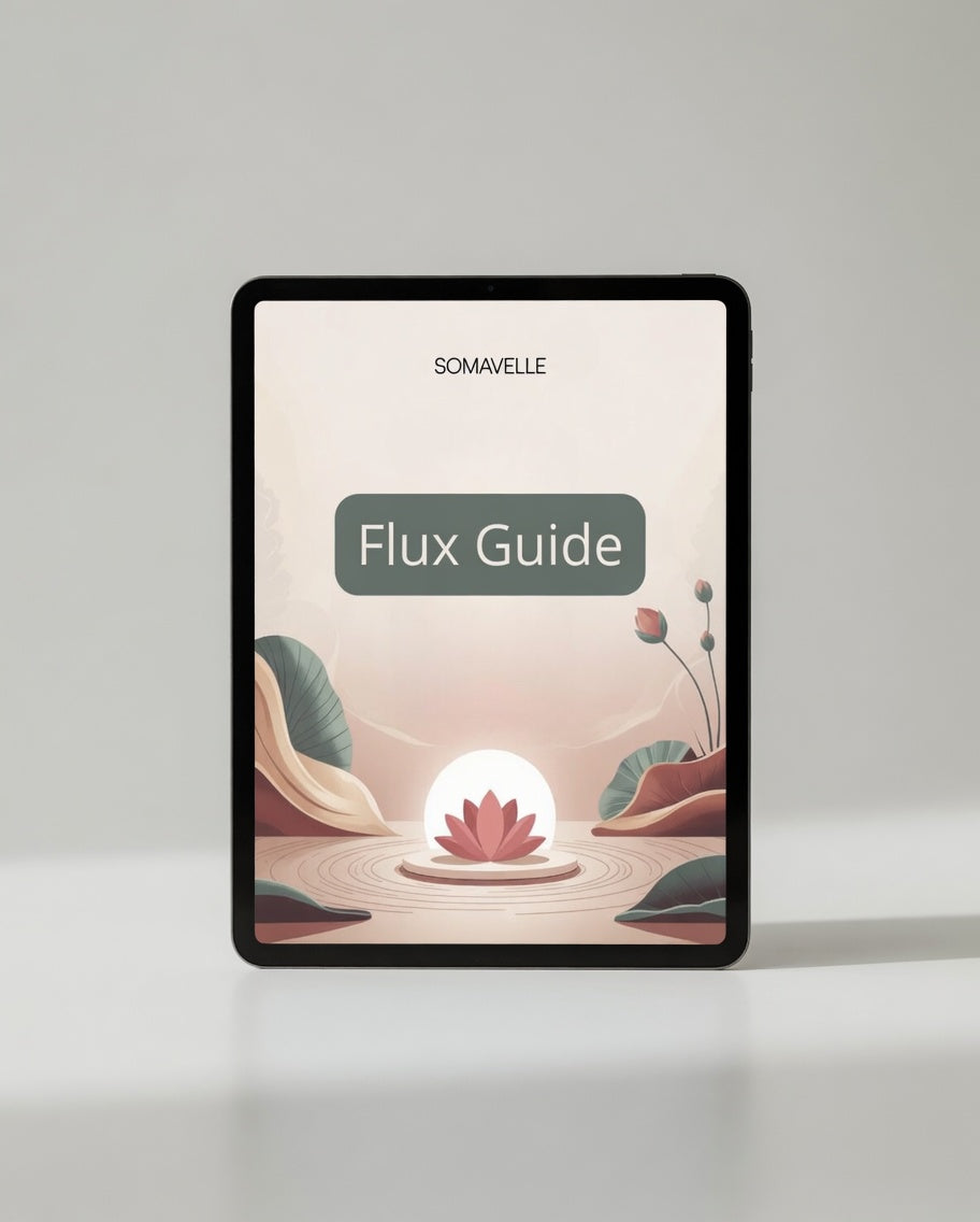 Digital device displaying a 'Flux Guide' by SOMAVELLE on a light gray background