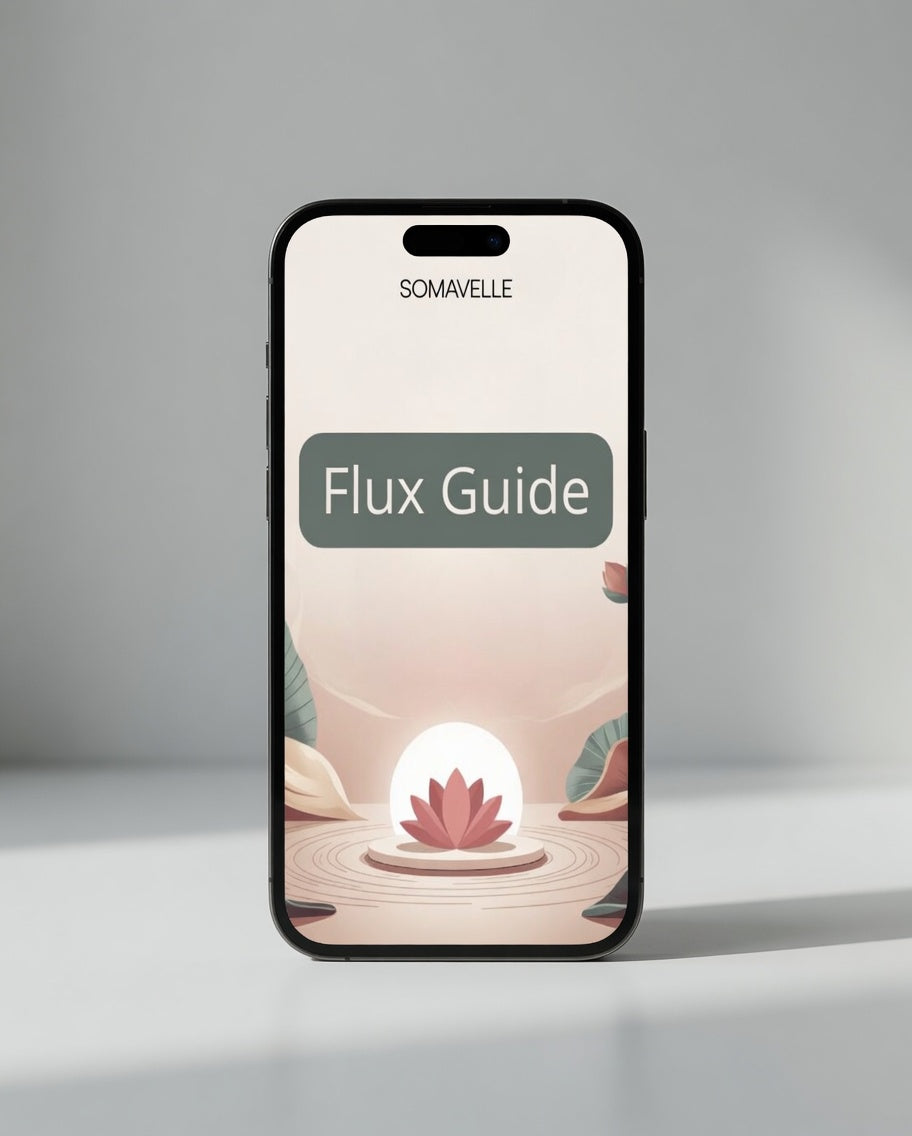 Phone displaying 'Flux Guide' by SOMAVELLE on a gray background