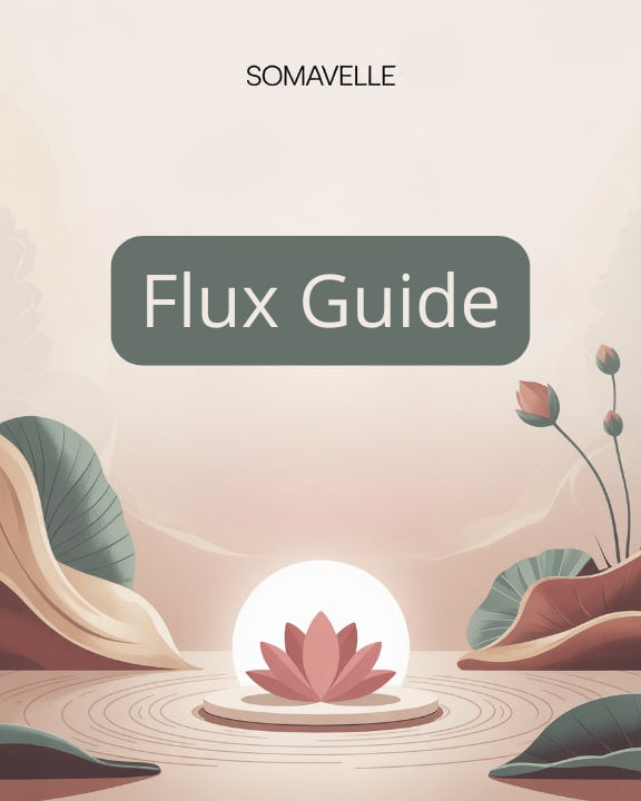Cover of 'Flux Guide' by Somavelle with a pink lotus flower and natural elements.