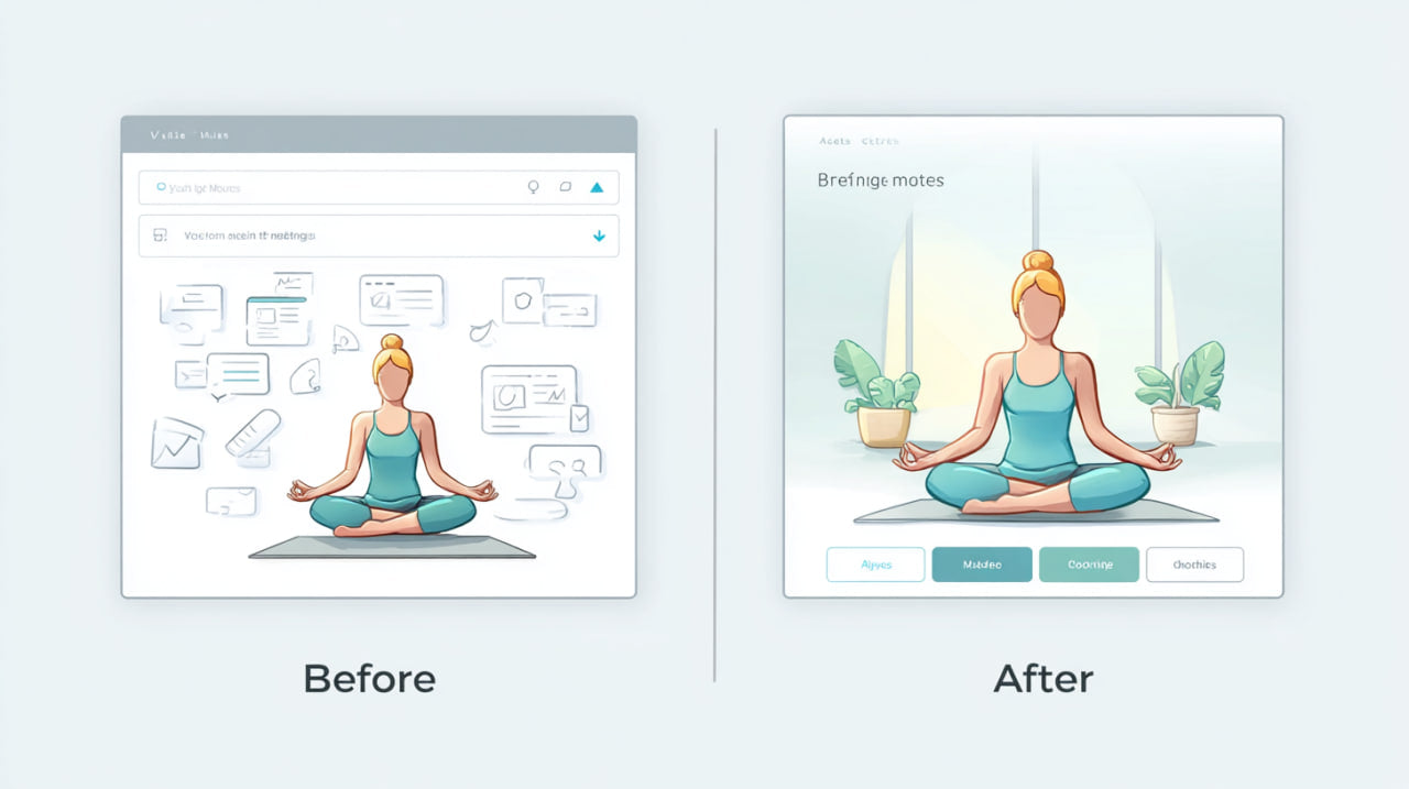 Before and after comparison of a yoga-themed website design on a white background.