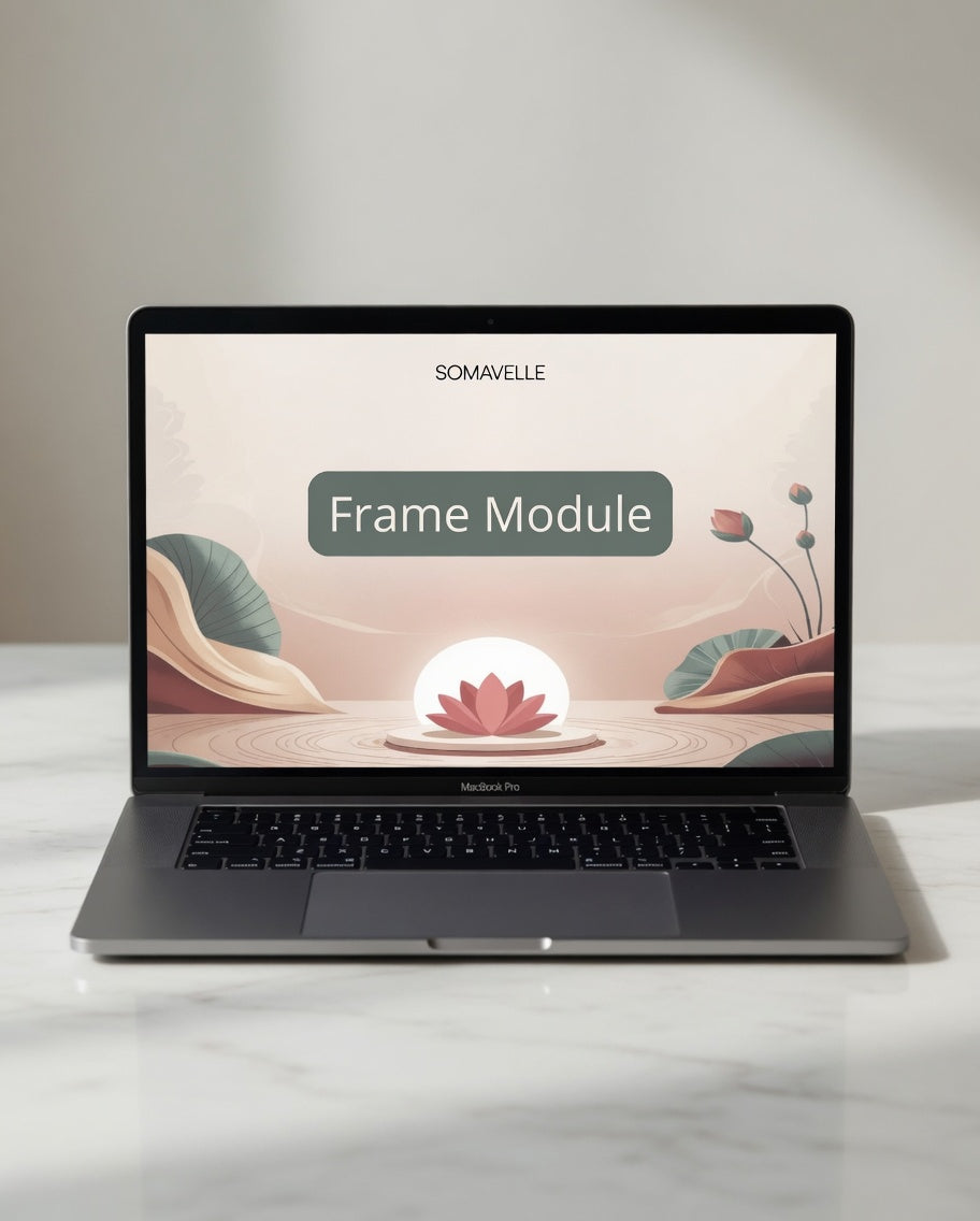 Laptop displaying a design software interface with 'Frame Module' on a light surface.