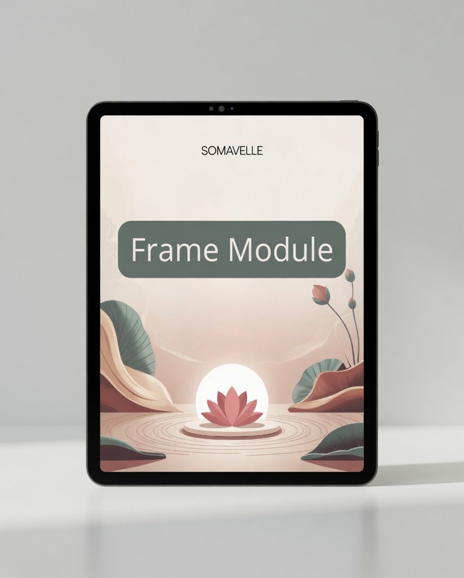 Tablet displaying a design software interface with 'Somavelle' branding and 'Frame Module' text.