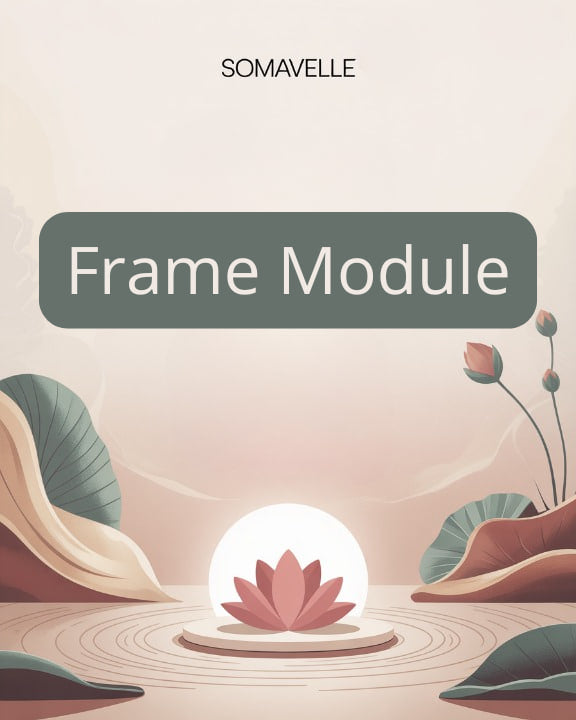Product packaging for 'Frame Module' by Somavelle with a pink flower design on a beige background.