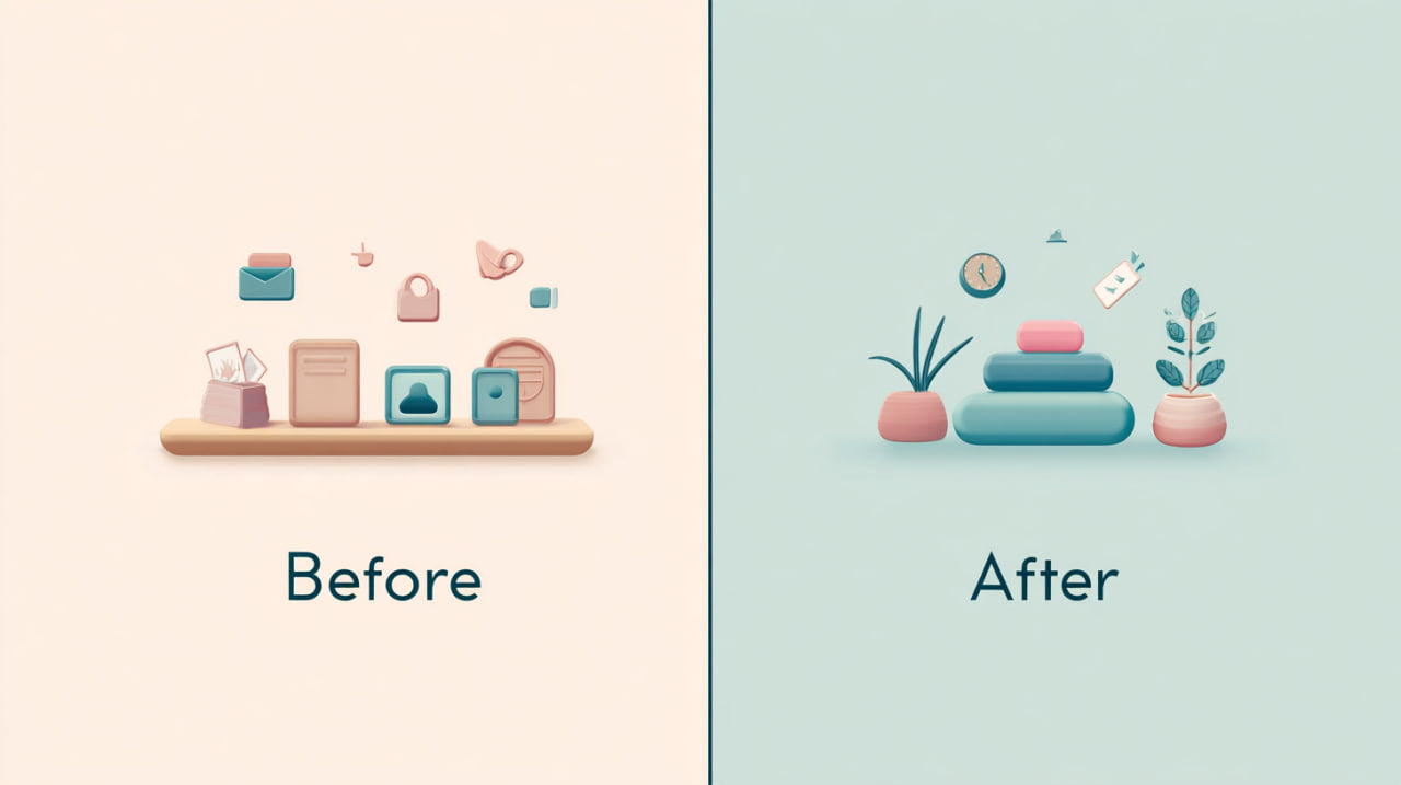 Before and after comparison of a shelf setup with decorative items on a beige and light blue background.