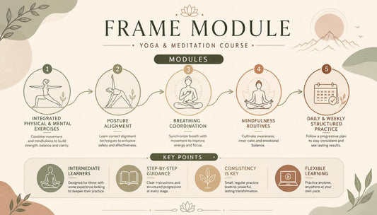 Yoga and meditation course module description with icons and text on a light background