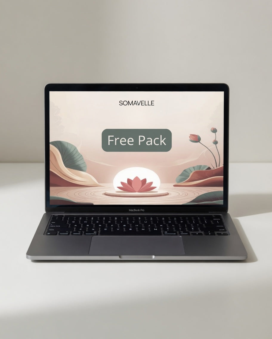 Laptop displaying a 'Free Pack' by SOMAVELLE on a light background