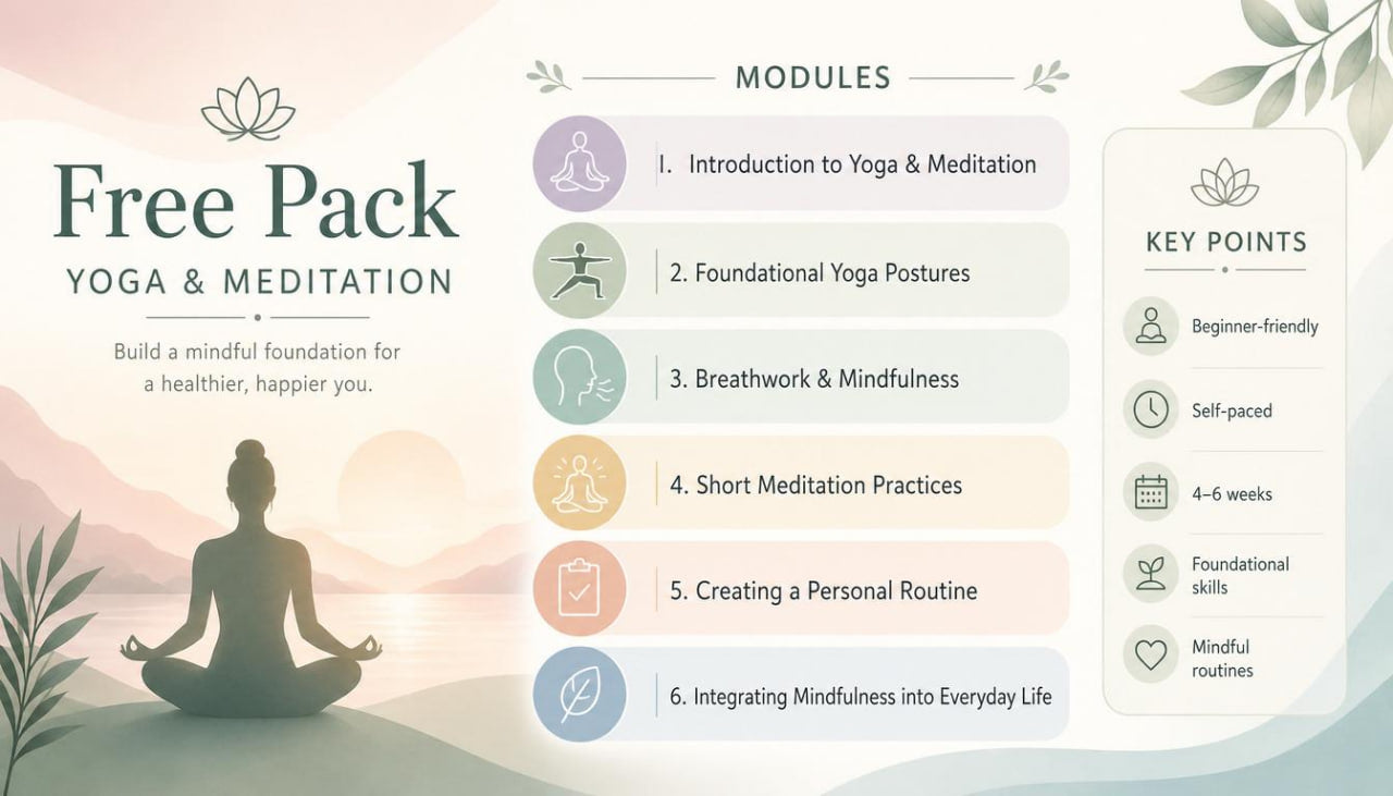 Yoga and meditation free pack with modules and key points on a gradient background