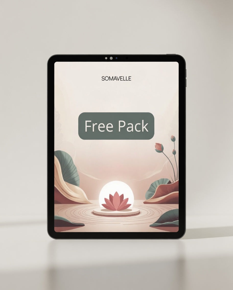 Tablet displaying a digital product with a 'Free Pack' offer on a light background