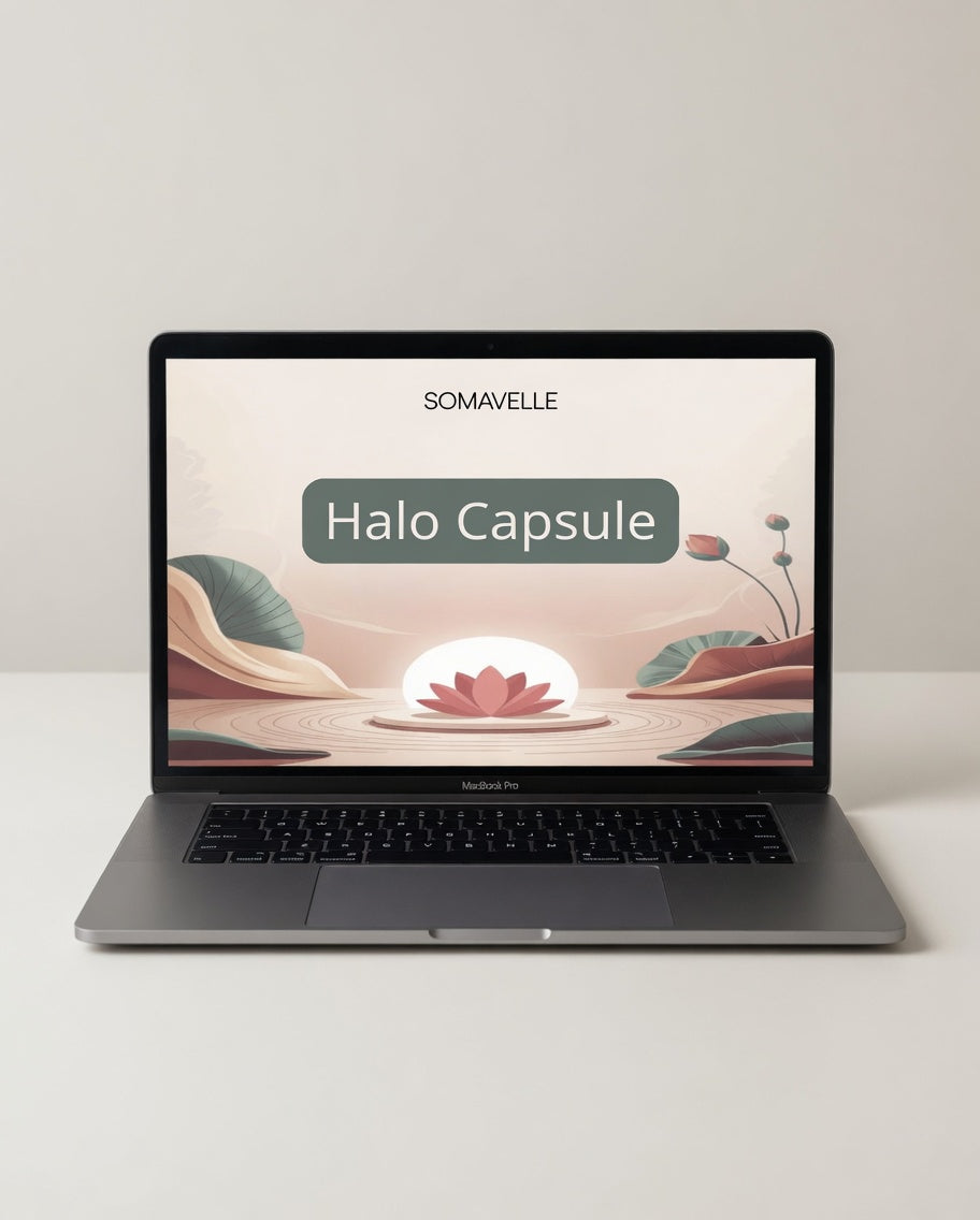 Laptop displaying a design with 'Somavelle' and 'Halo Capsule' on a light background