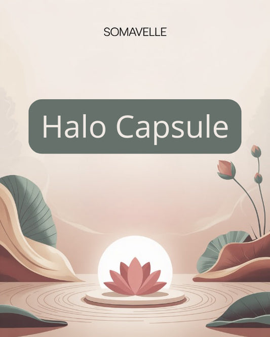 SOMAVELLE Halo Capsule packaging with a pink lotus flower and natural elements on a beige background.