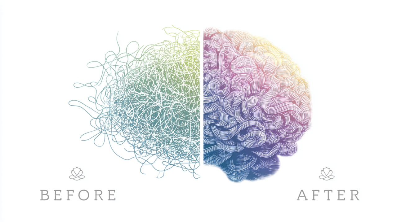 Illustration of a brain split in half, with 'Before' on the left and 'After' on the right, on a white background.