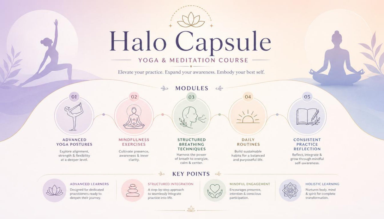 Promotional graphic for Halo Capsule Yoga & Meditation Course with yoga poses and modules.