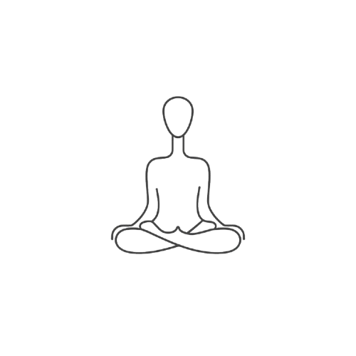 Simple black line drawing of a person sitting in a meditative pose on a white background