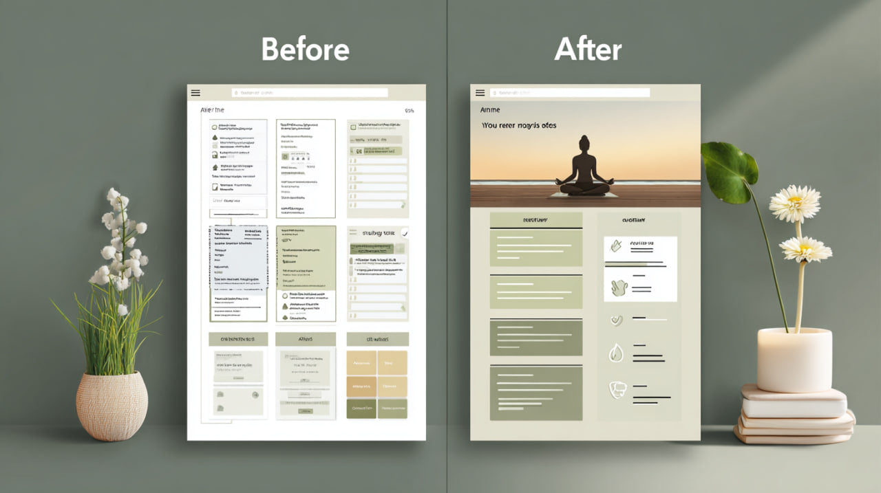 Before and after comparison of a digital interface design on a screen with decorative elements.