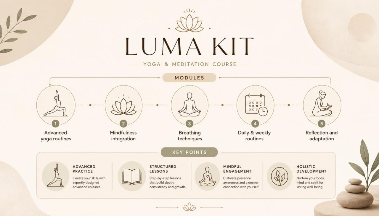 Luma Kit yoga and meditation course modules on a beige background with lotus flowers.