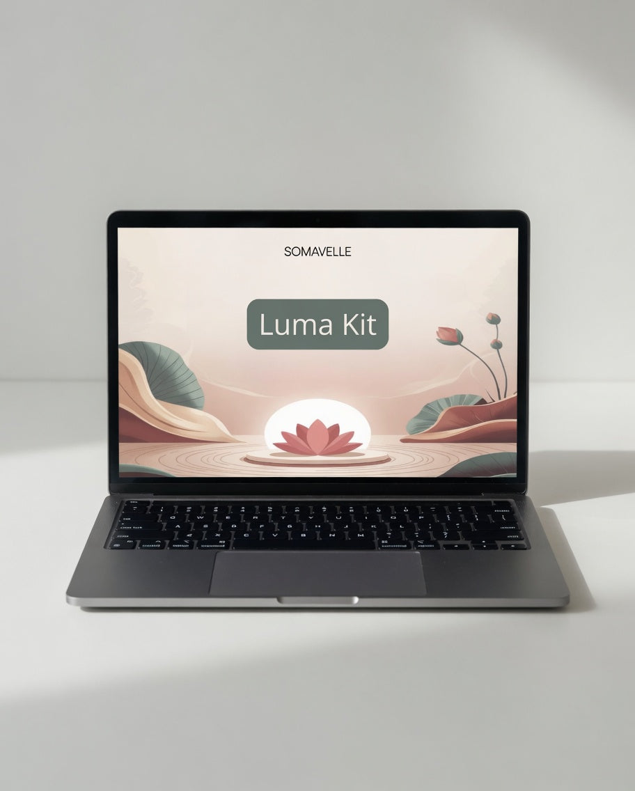 Laptop displaying a design software interface with 'SOMAVELLE Luma Kit' on a white background
