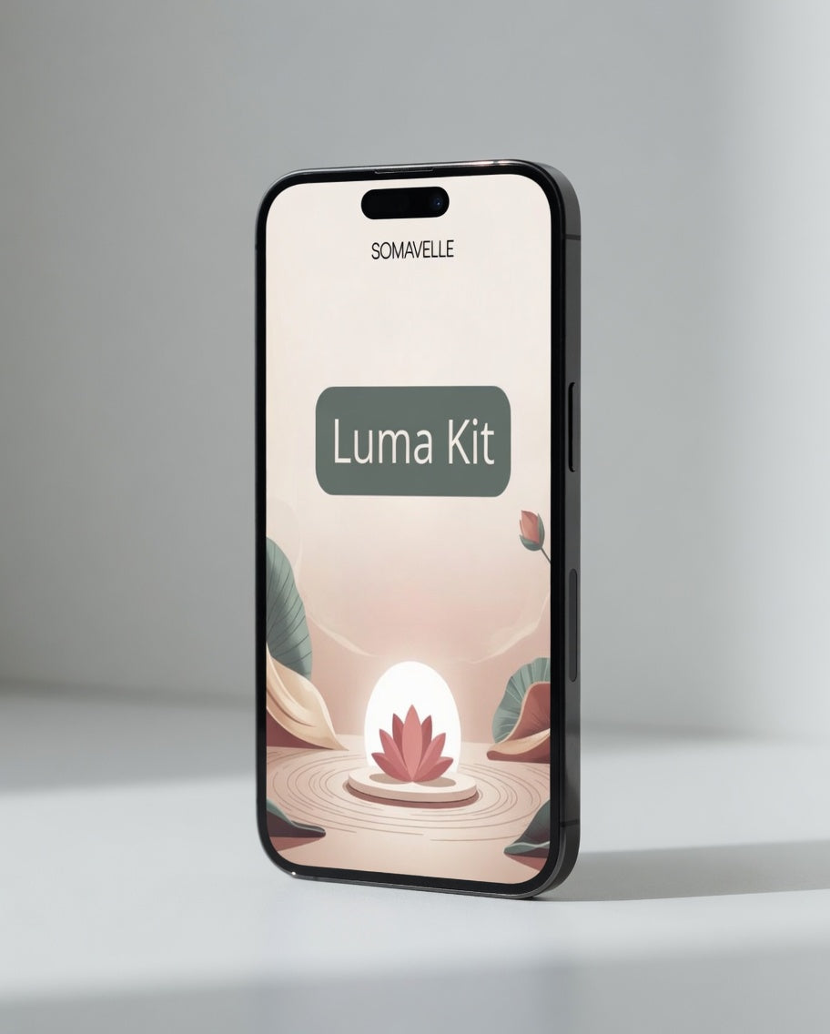 Smartphone displaying the Luma Kit app interface with a minimalistic design on a gray background
