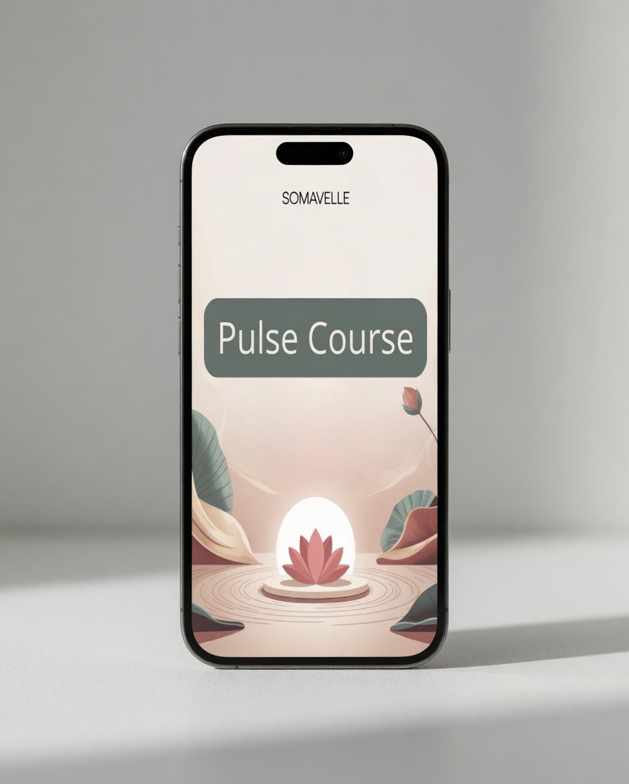 Phone case with 'Pulse Course' design and 'SOMAVELLE' branding on a gray background