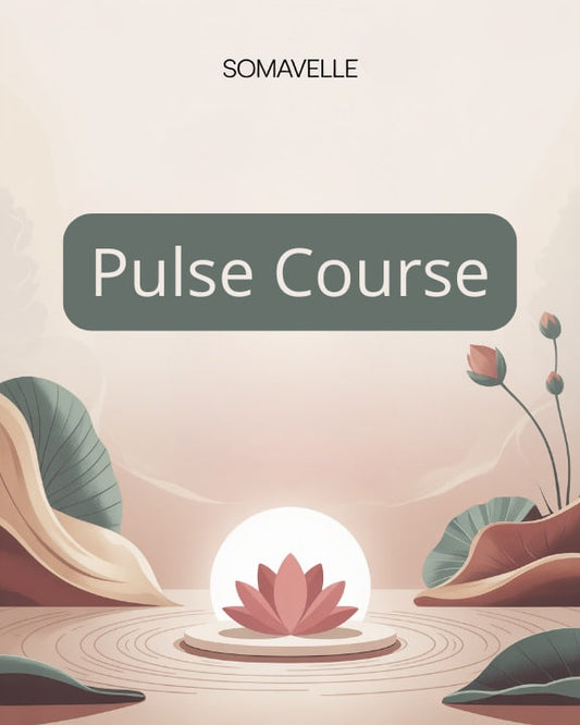 Cover of 'Pulse Course' by Somavelle with a lotus flower and natural elements on a light background.
