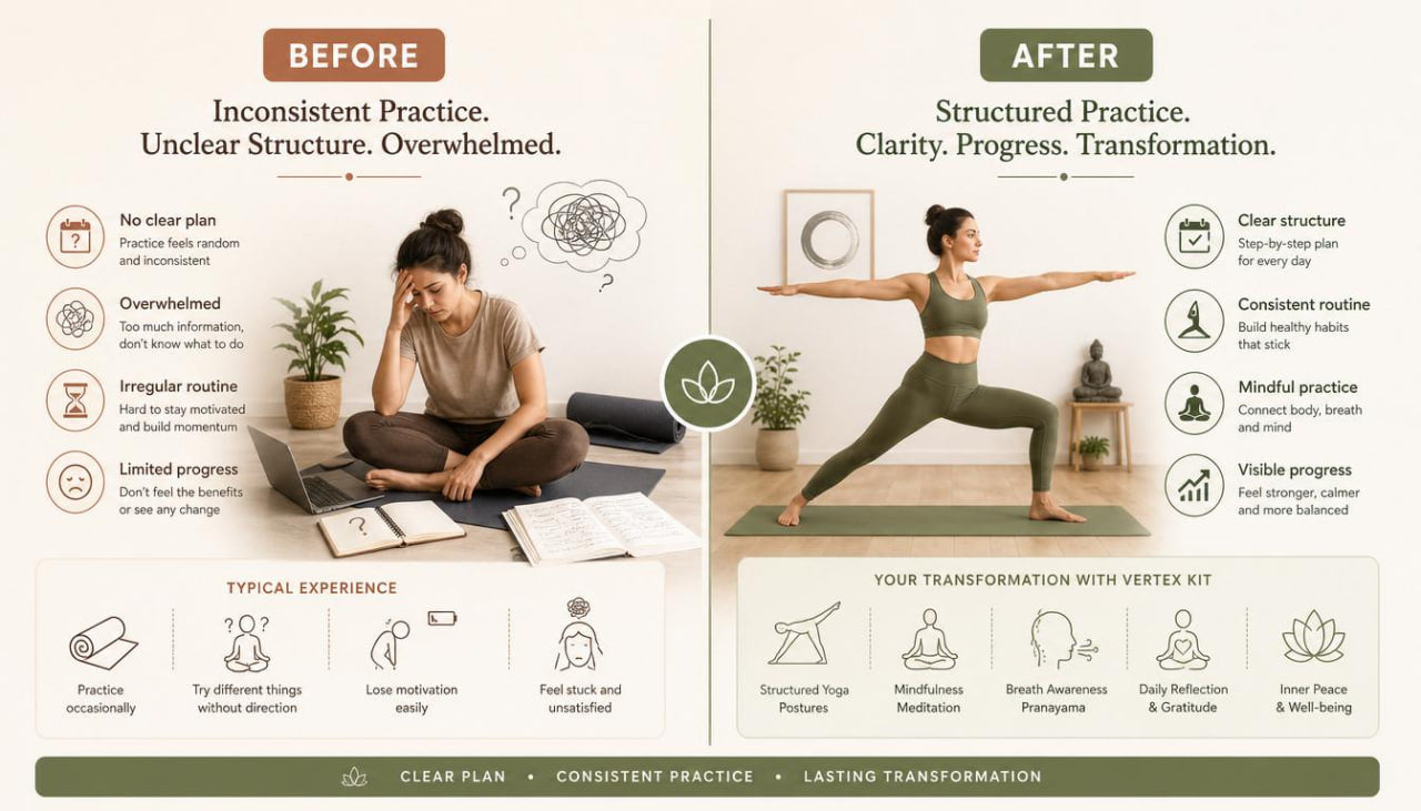 Before and after comparison of a person's yoga practice journey with structured practice and transformation.