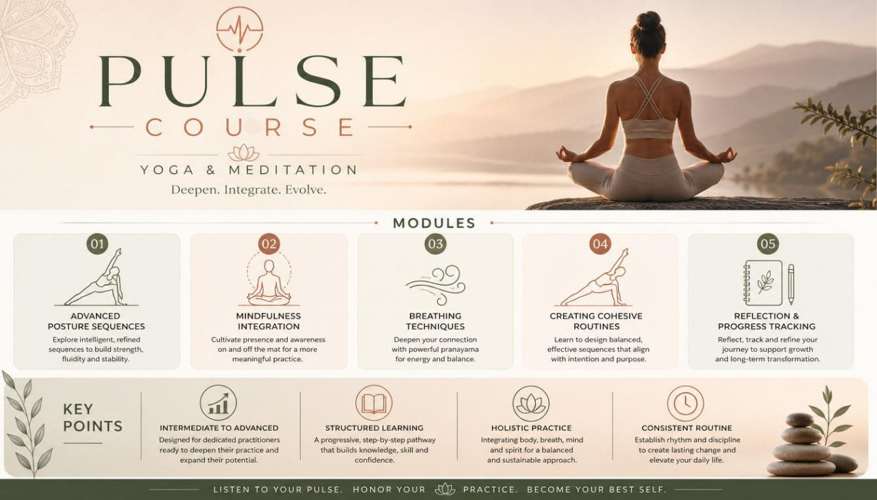 Promotional graphic for 'Pulse Course' yoga and meditation program with a woman in meditation pose and mountain background.