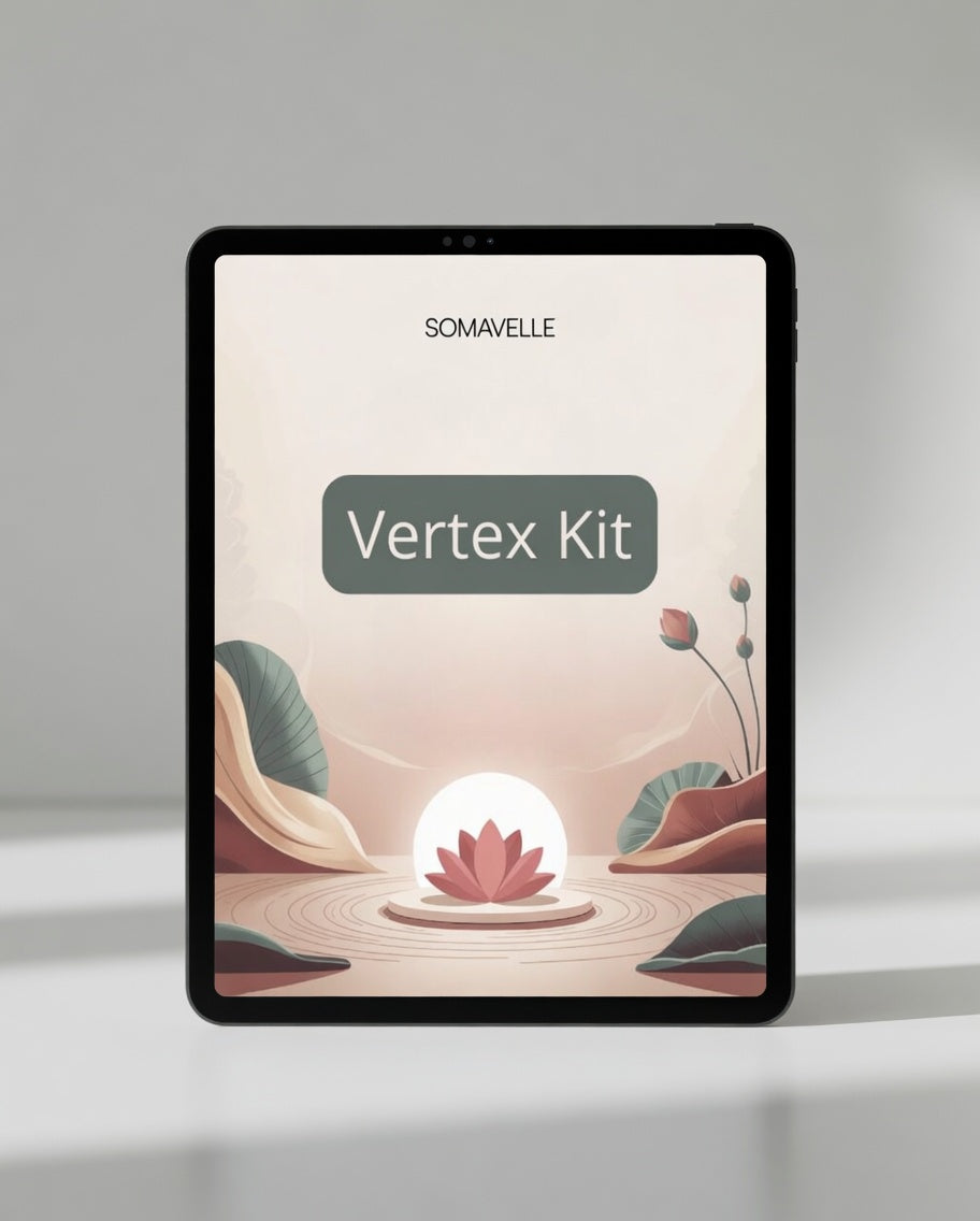 Tablet displaying a design app interface with 'Somavelle Vertex Kit' on a light gray background