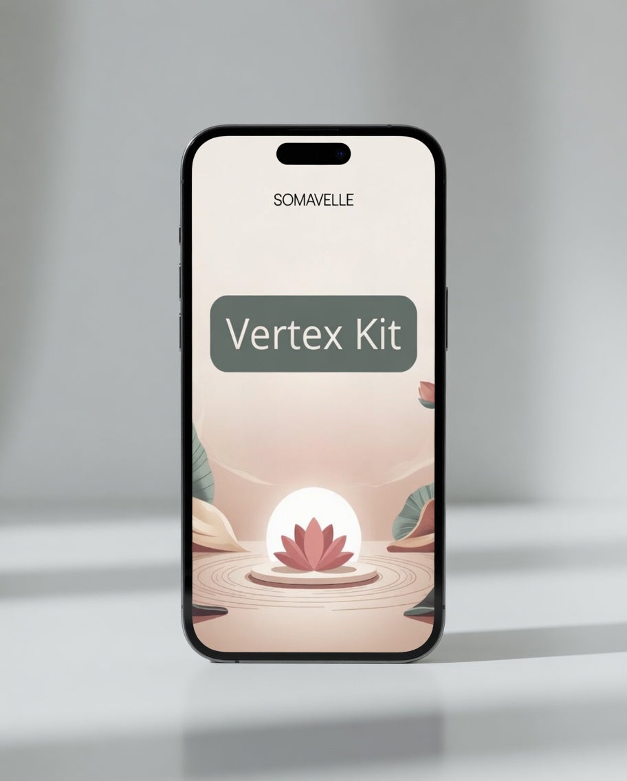 Smartphone with a floral design on the screen displaying 'Somavelle Vertex Kit' on a gray background