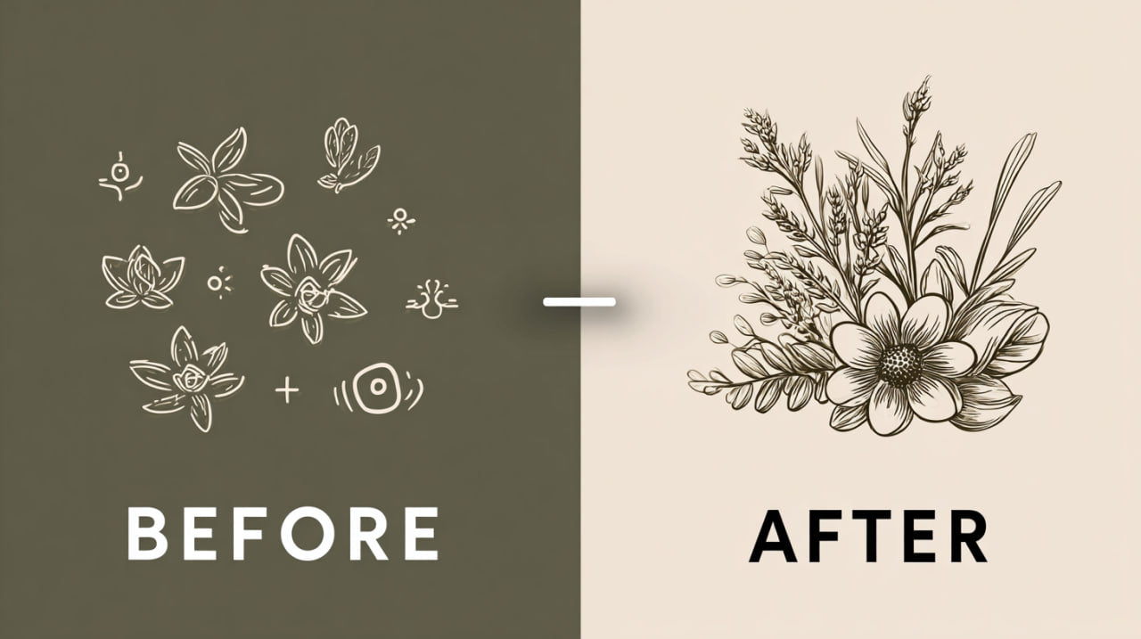 Comparison of floral illustrations labeled 'Before' and 'After' on a beige and brown background.