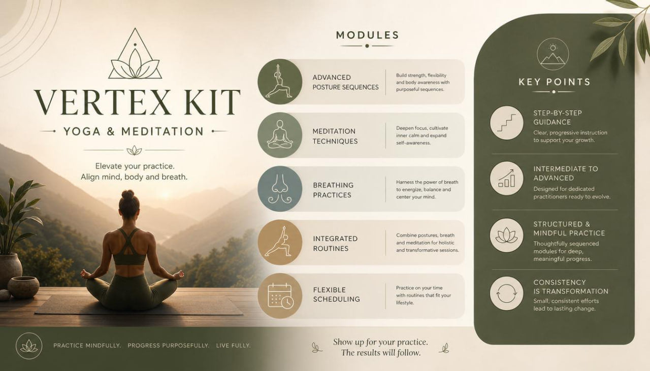 Yoga and meditation program with a woman meditating in the mountains, titled 'Vertex Kit'.
