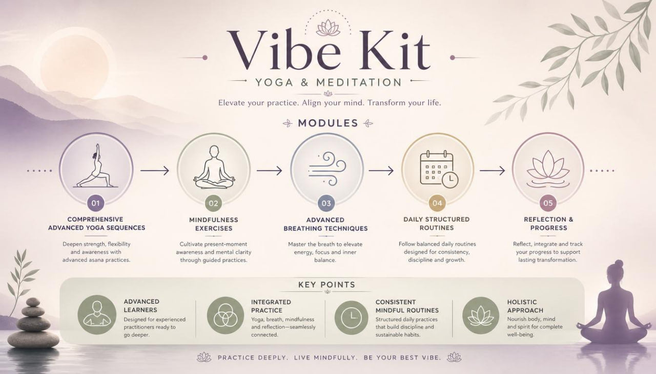 Vibe Kit yoga and meditation program with icons and text on a light background
