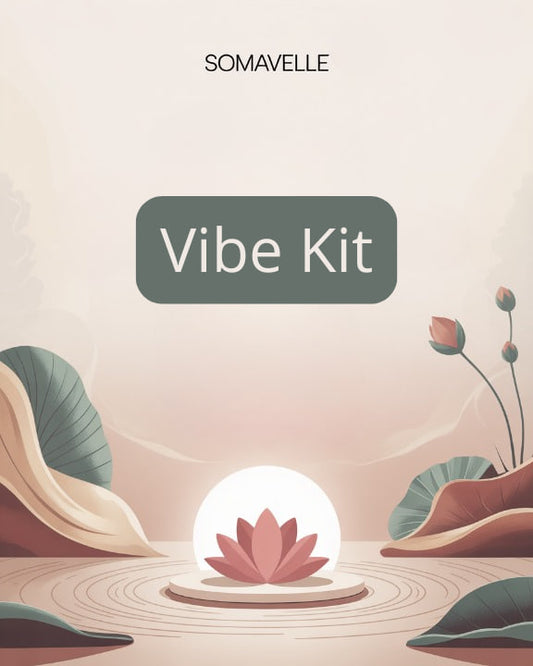 SOMAVELLE Vibe Kit packaging with a pink lotus flower and natural elements on a beige background